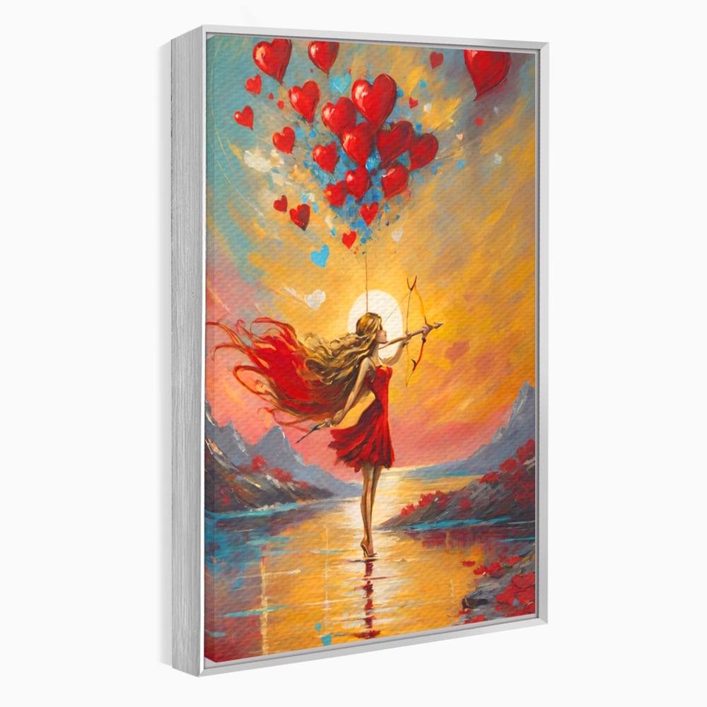 Tablou canvas cu pictura cu femeie armata cu arc si inimi, in rama de aluminiu argintiu